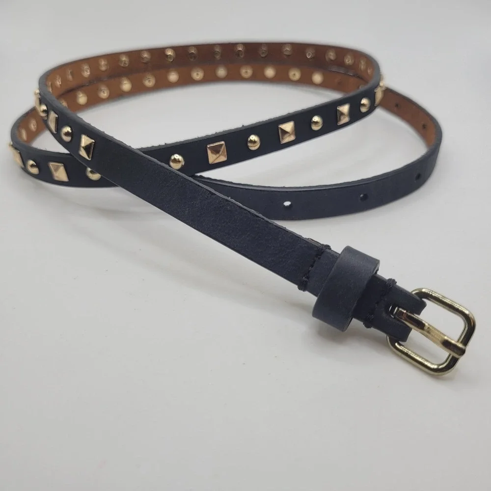 J. Crew Belt Large Black Leather Gold Studs Goth Punk Moto Biker Skinny Thin